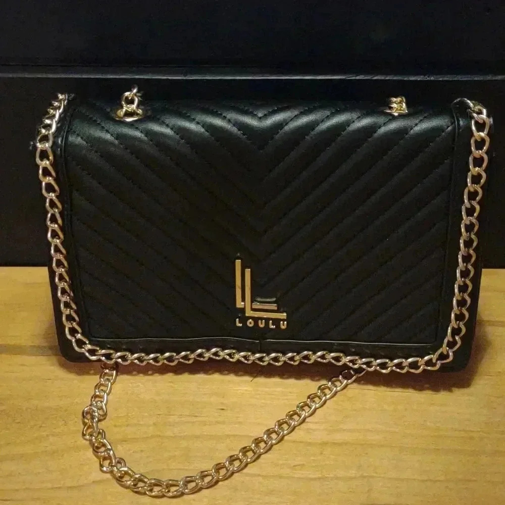 Loulu black faux leather gold chain strap quilted front 2 pocket handbag